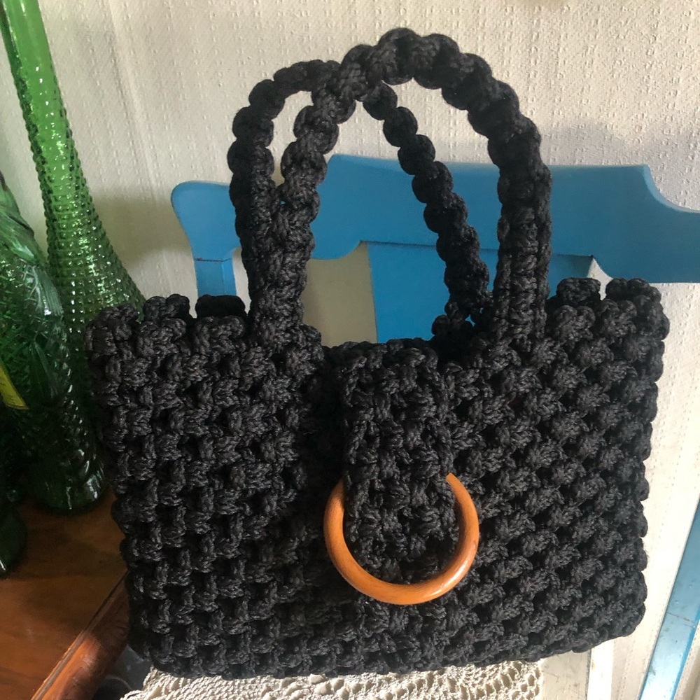 Vintage 1970s Boho Black Macrame Handbag - Picture 2 of 10